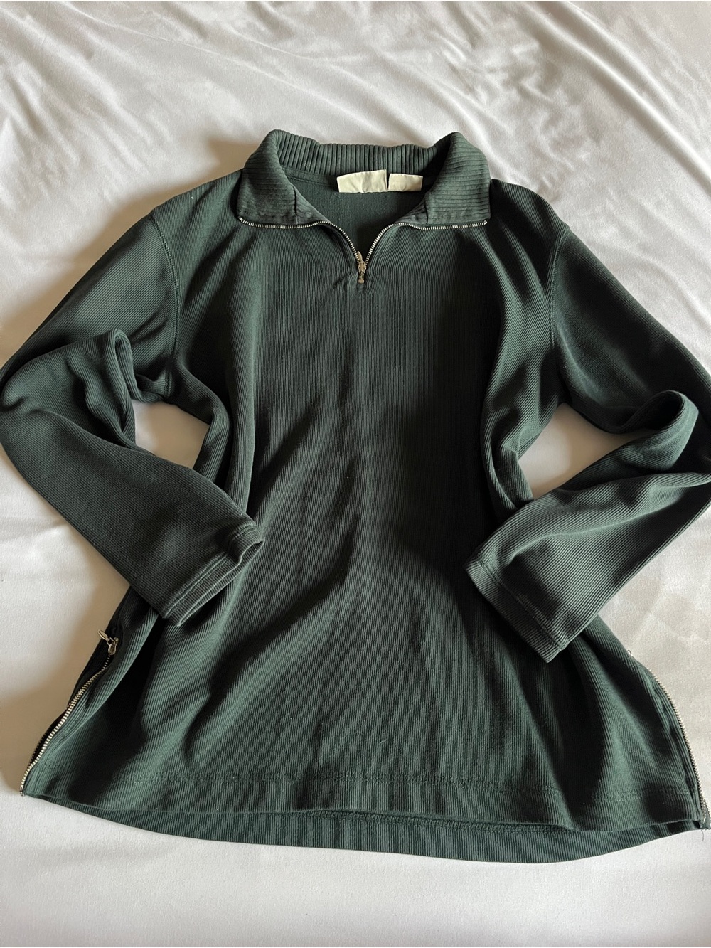 Basic Editions Green Quarter-Zip Ribbed Pullover Top Size M